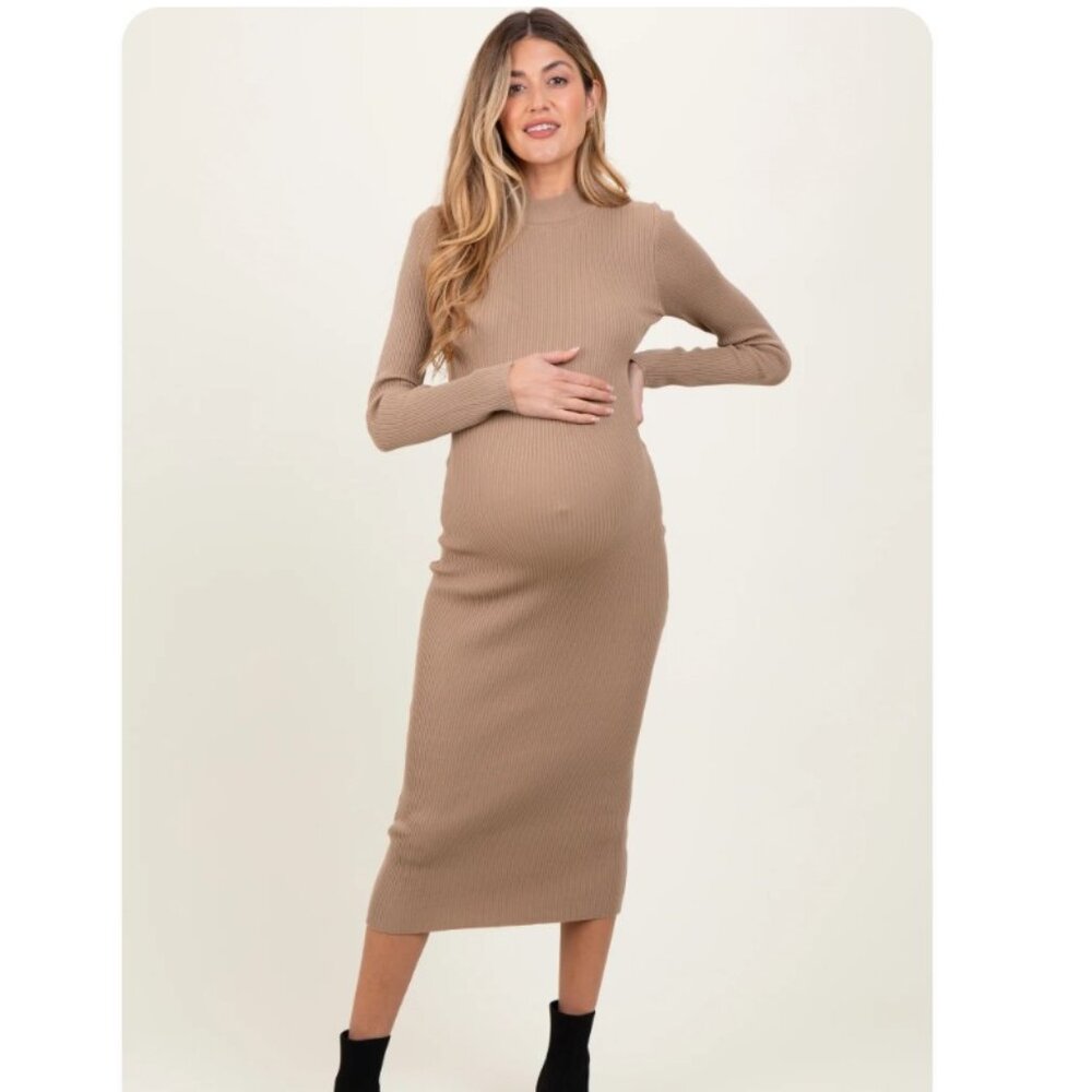 Beige Ribbed Mock Neck Fitted Maternity Dress